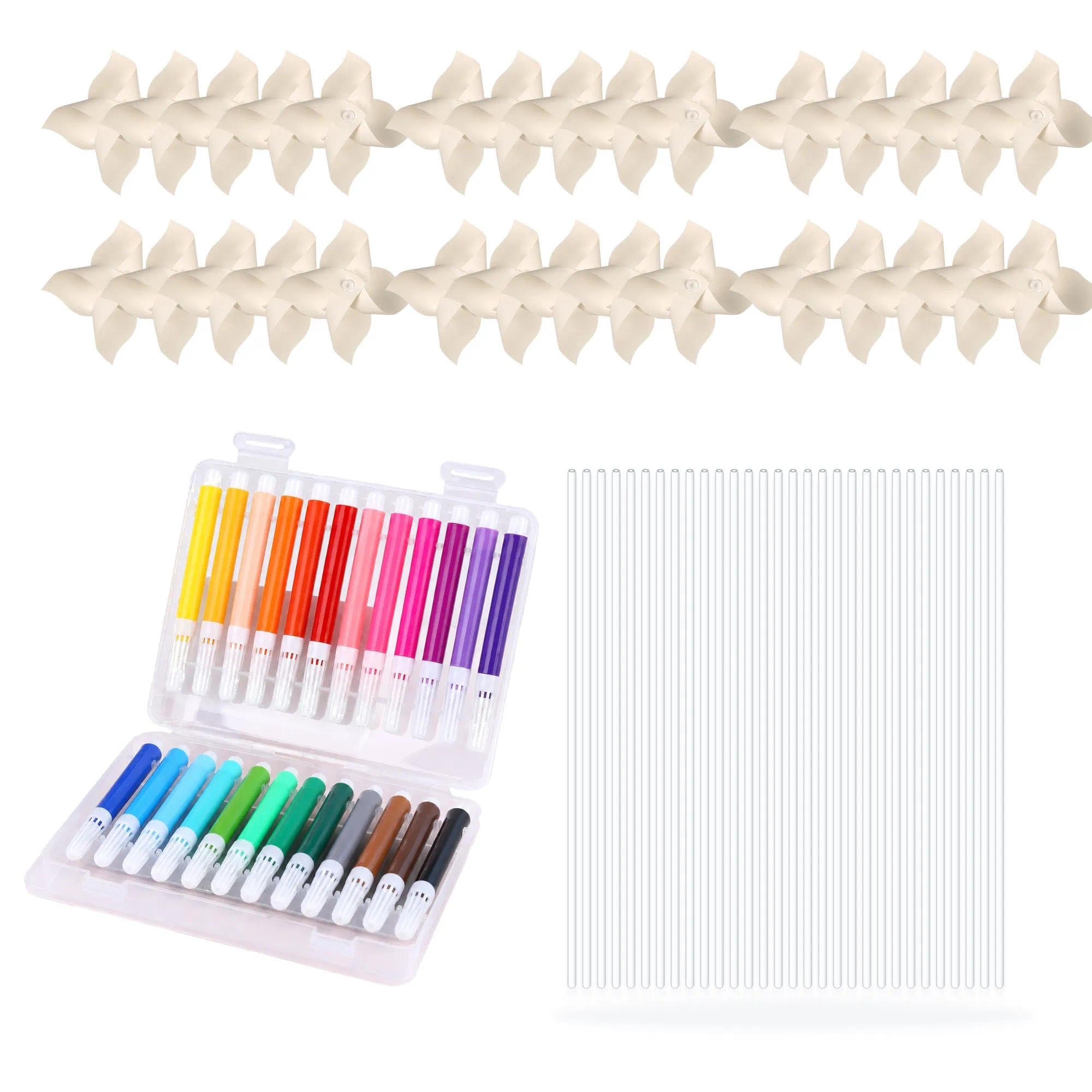 30 Pack DIY Pinwheel Craft Kit, 15cm White Paper Windmills, 24 Colour Pens