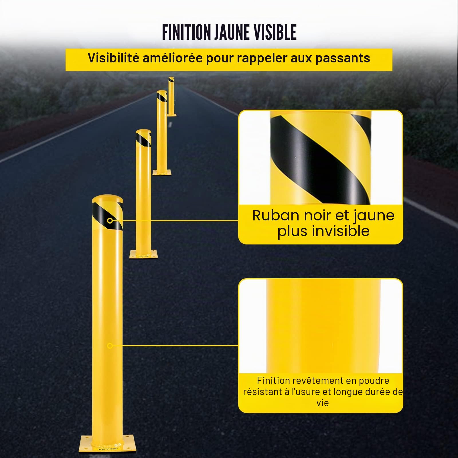 VEVOR Bollard de Sécurité 91x14 cm 2PCs, Borne de Sécurité en Tuyau d'Acier, Revêtement en Poudre Jaune, Barrière de Sécurité avec 8 Boulons d'Ancrage pour Parking, Stationnement, Piétons, Écoles