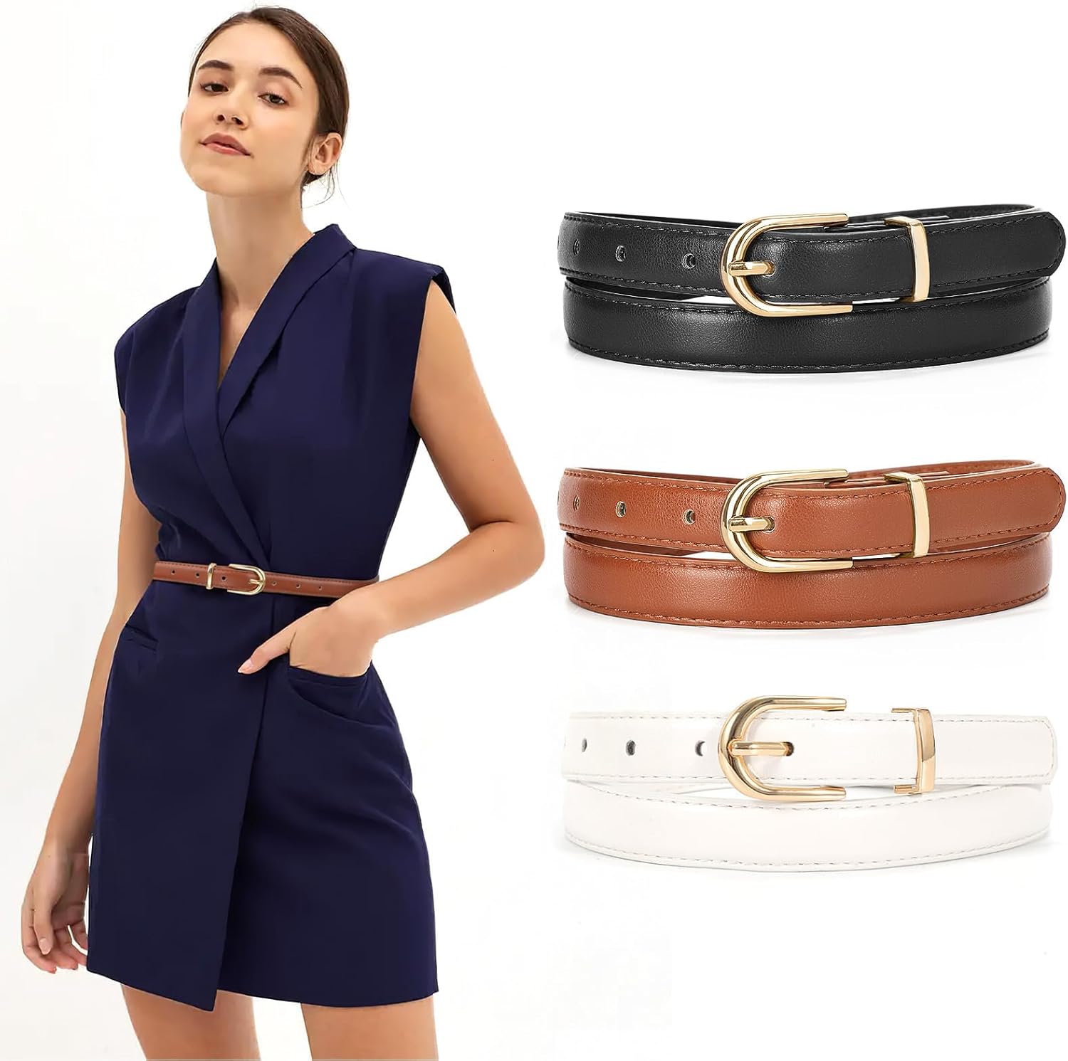 JASGOOD 3 Pack Womens Skinny Leather Belt for Jeans Thin Leather Fashion Ladies Waist Belt with Gold Buckle for Dress Pants - Image 2