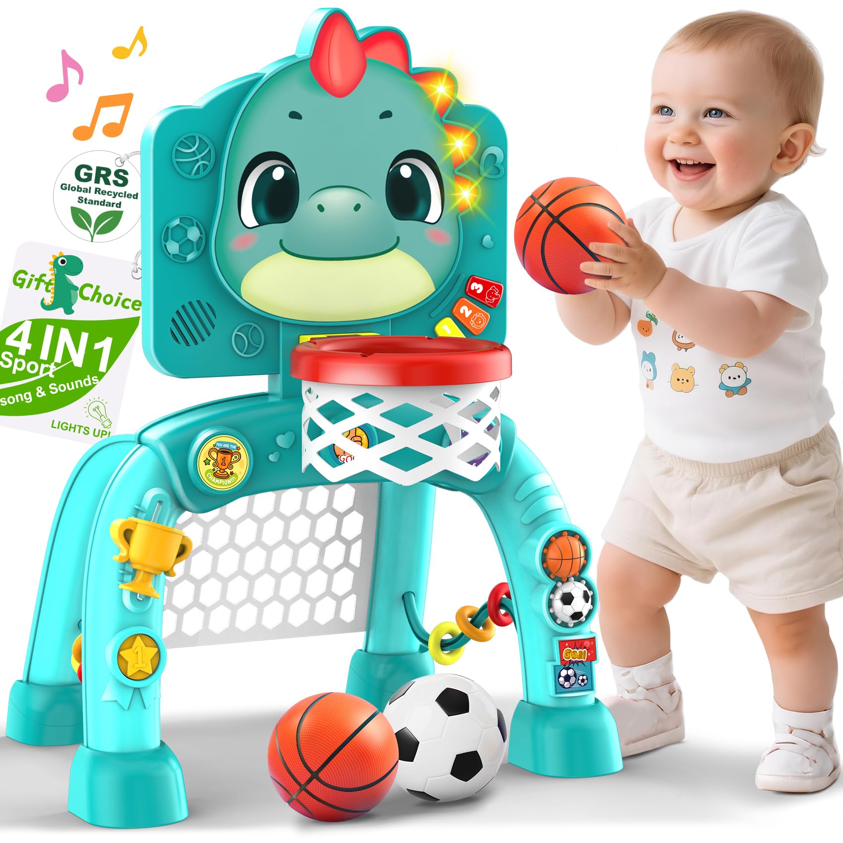View 1 of ***MISSING PIECES** DAMAGED** Dinosaur Kids Sports Play Toy: 4-in-1 Multifunction Indoor Outdoor Activity – Basketball Toss, Ring Throw, Ball Play & Music Lights to Improve Motor Skills, Birthday Gift for Boys Girls Age 1-3