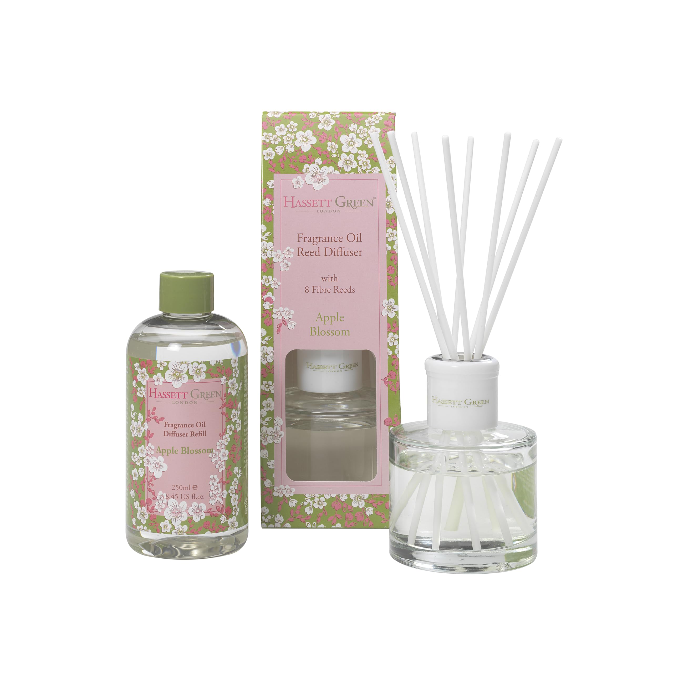 Hassett Green London Apple Blossom Reed Diffuser & Refill Set | 100ml glass diffuser, 8 fibre reeds & 250ml refill, Crisp apple, summer fruits & soft woods, Alcohol-free, UK made, Vegan