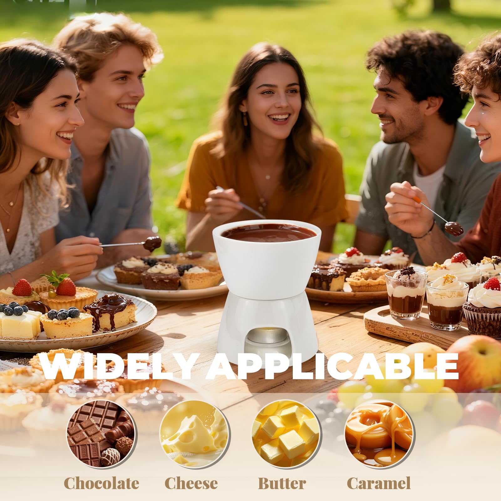 ELNLE Keramik Schokofondue Tasse Schokoladenfondue Sets, Schoko Fondue Tassen, mit 4 Gabeln, Chocolate Fondue Cup, für Schokolade Käse Fondue Familienessen Nachtisch (Schokoladenfondue, Weiß)