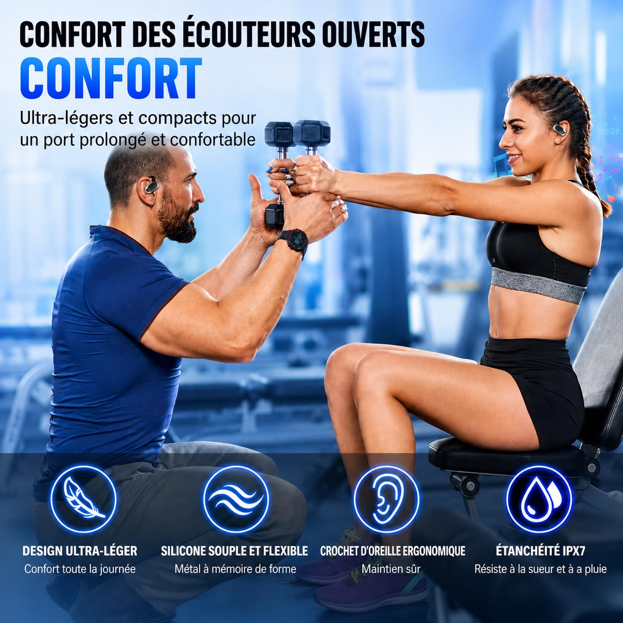 Écouteurs Bluetooth sans Ouverts, 2026 HiFi Écouteurs Bluetooth 5.4 à Conduction Aérienne, Oreillette sans Fil Sport avec 4 ENC Mic, IP7 Étanche Oreillette Bluetooth Android/iOS