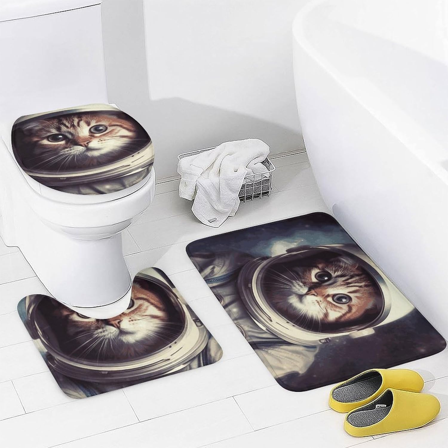 Animal Cat Astronaut Shower Curtains Set 4 Piece with Non-Slip Rugs, Toilet Lid Cover and Bath Mat Soft Bathroom Carpet Waterproof Bathroom Curtain with 12 Hooks for Bathroom Decor