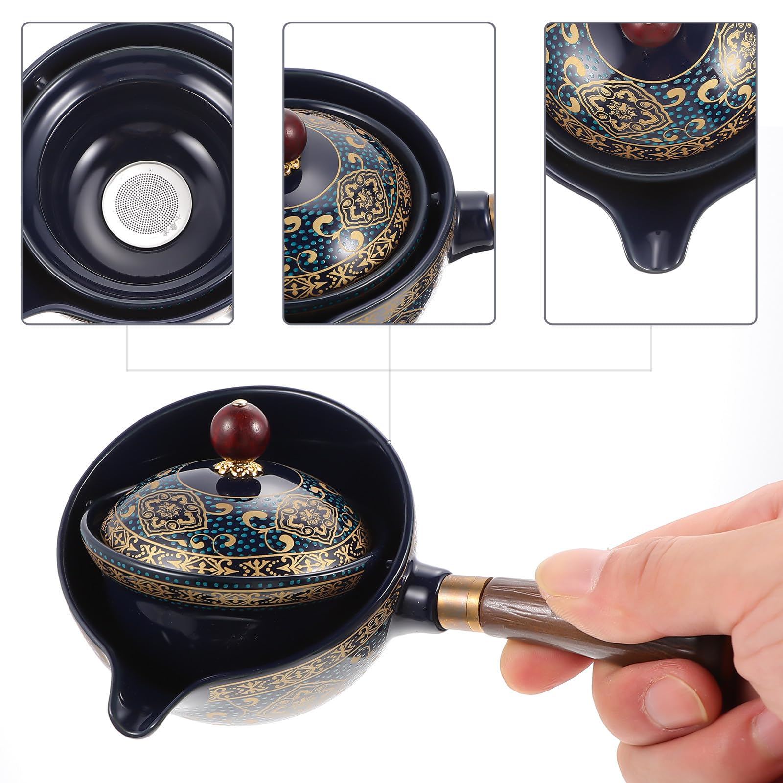 Juego de Té de Viaje Gongfu Portátil Tetera de Cerámica y Filtro Interno, 4 Tazas y Soporte de Madera para Aficionados al Té en Casa Aire Libre