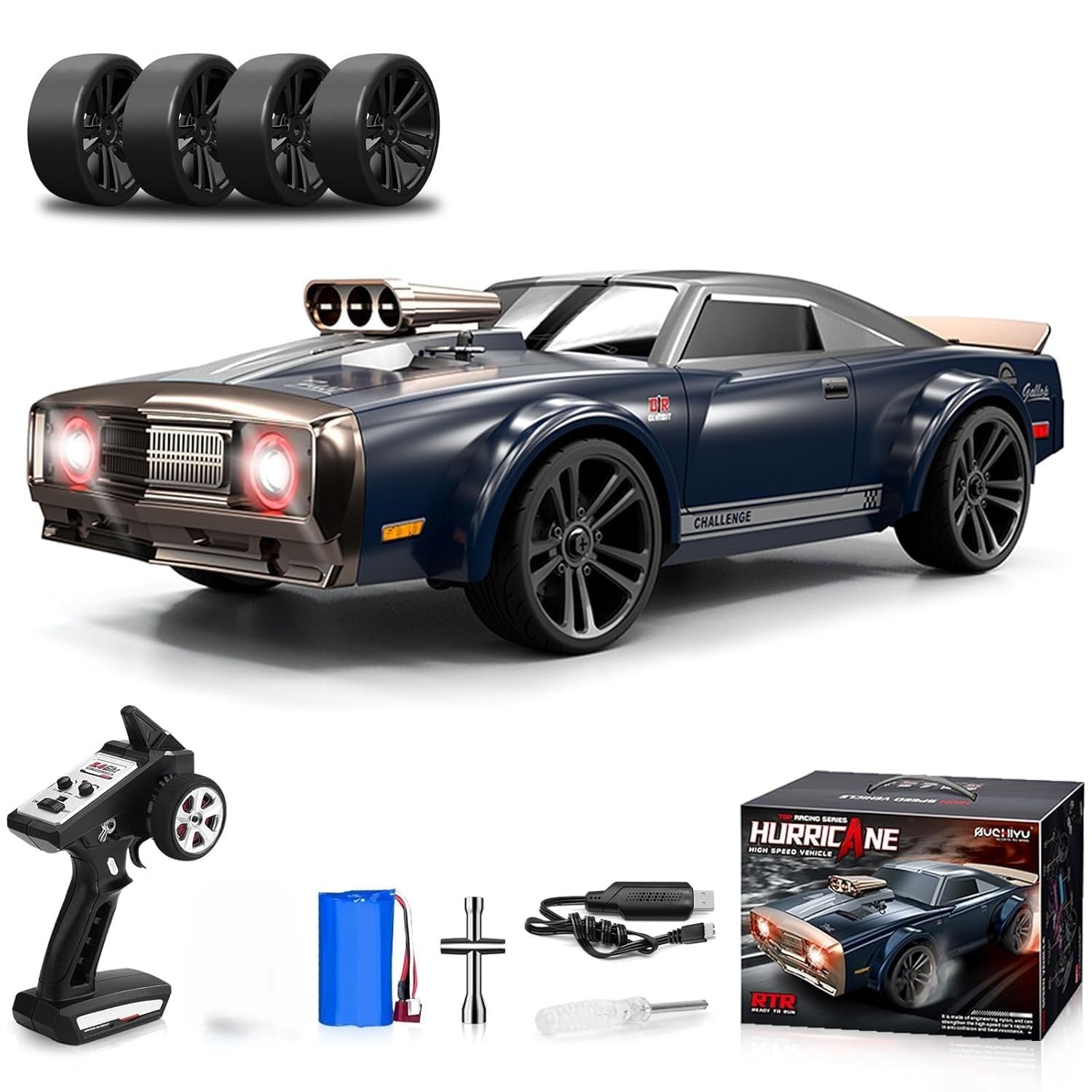 CROPDAK Remote Control Car 1/16 Scale 38Km/h High Speed RC Car for Kids Adults 4X4 Off-Road Drift Truck Muscle Car, Speed & Steering Control Drift Racing Car with 7 Modes Lights (1 Batteries)