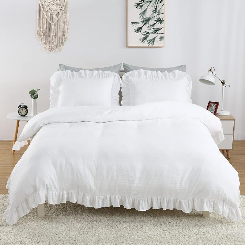 CAROMIO White Ruffle Duvet Cover Queen Size, 3PCS Soft Washed Microfiber Vintage French Country Duvet Cover Set for Queen Bed, White, 90x90 in image 2