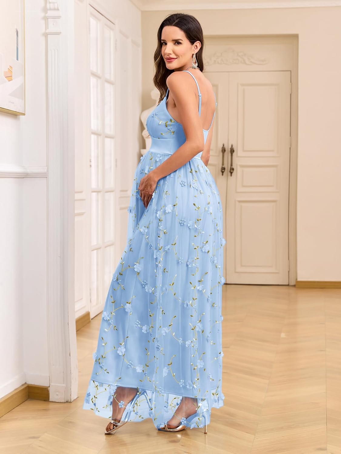 AISWI 3D Floral Maternity Maxi Dress V-Neck Tulle Spaghetti Strap A-Line Pregnancy Gown for Baby Shower Wedding Party, Sky Blue, XL