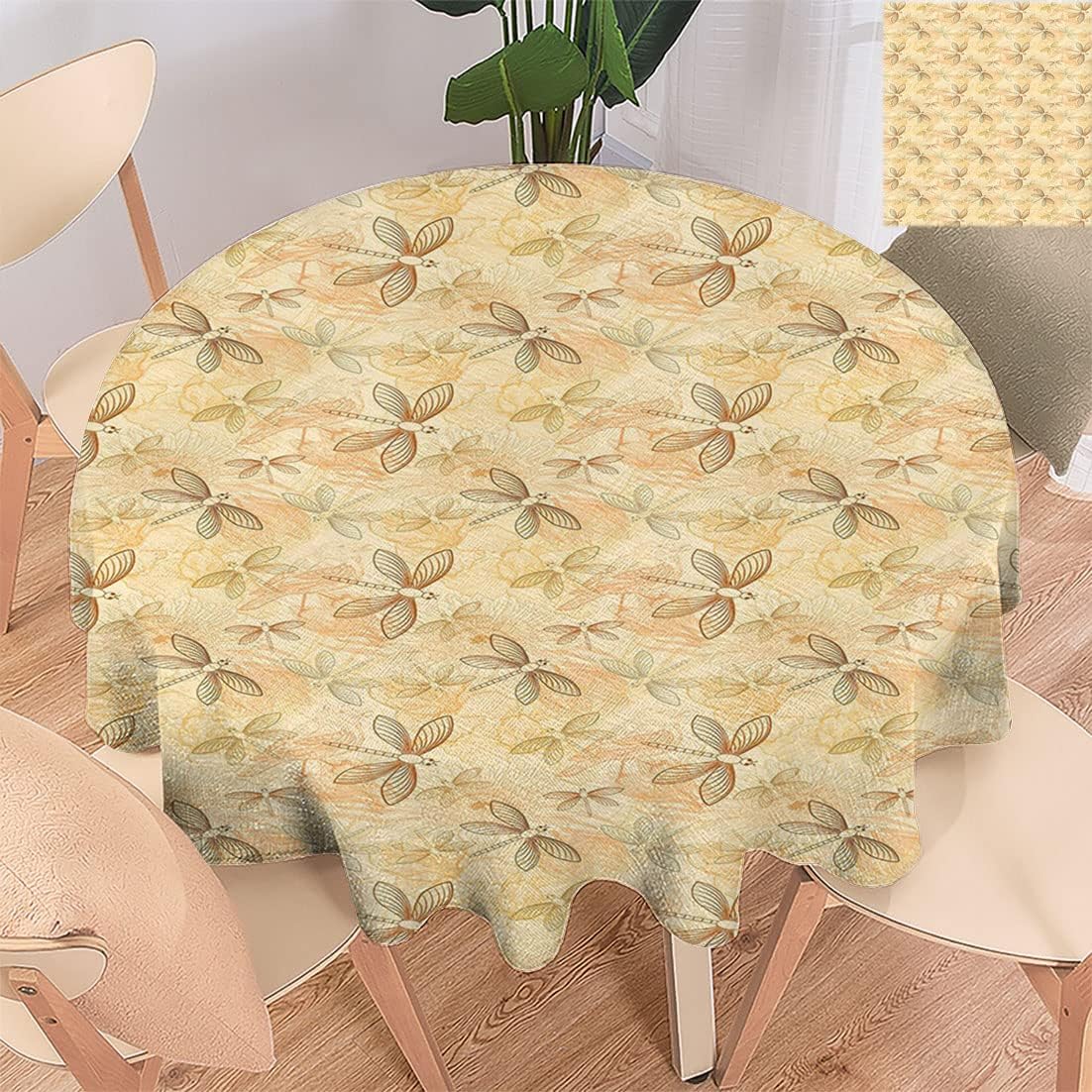 Beige 70" Round Fabric Tablecloths, Hand Drawn Birds and