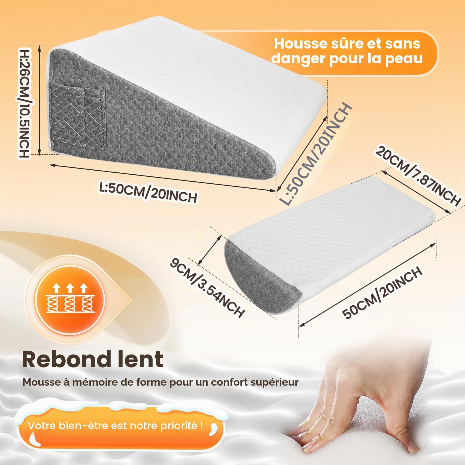 Coussin Triangulaire 8-en-1 Réglable, Plan Incliné Bébé, Oreiller Anti-reflux et Apnée du Sommeil, Coussin de Lecture pour Lit et Canapé, Soutien Lombaire et Jambes, Mousse à Mémoire de Forme 25D