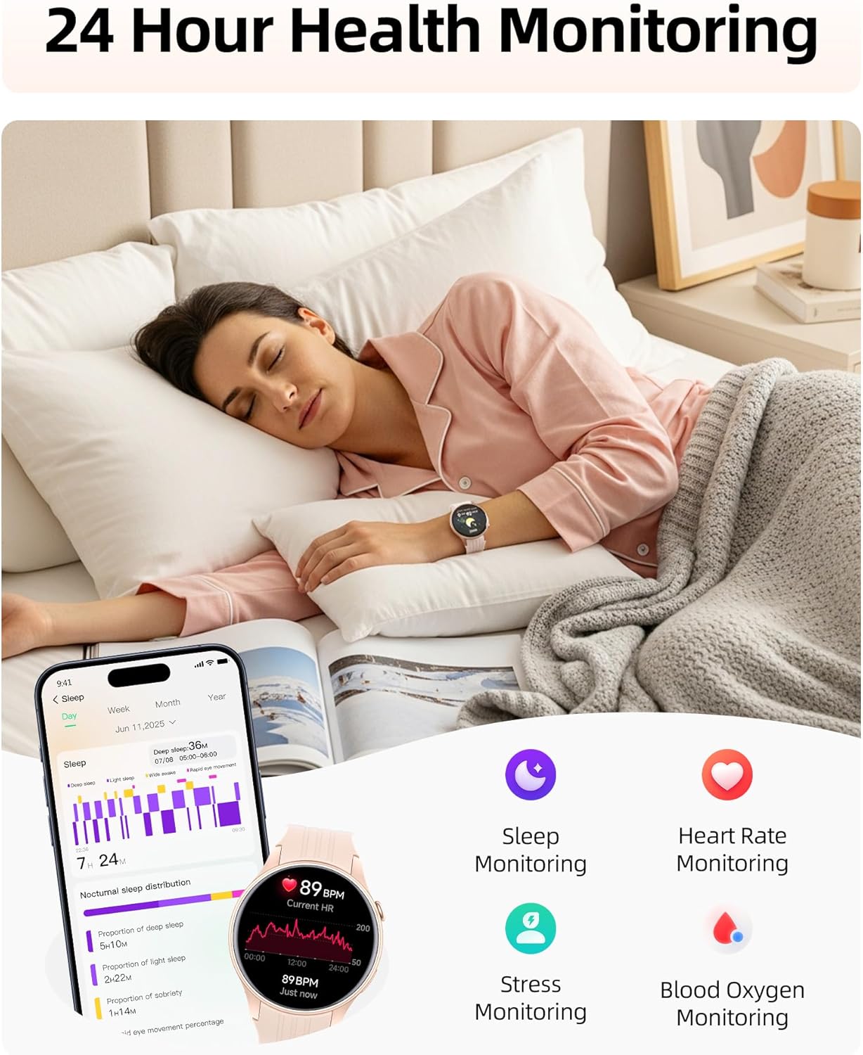 Woman sleeping with smartwatch, showing health monitoring icons for sleep, heart rate, stress, and blood oxygen