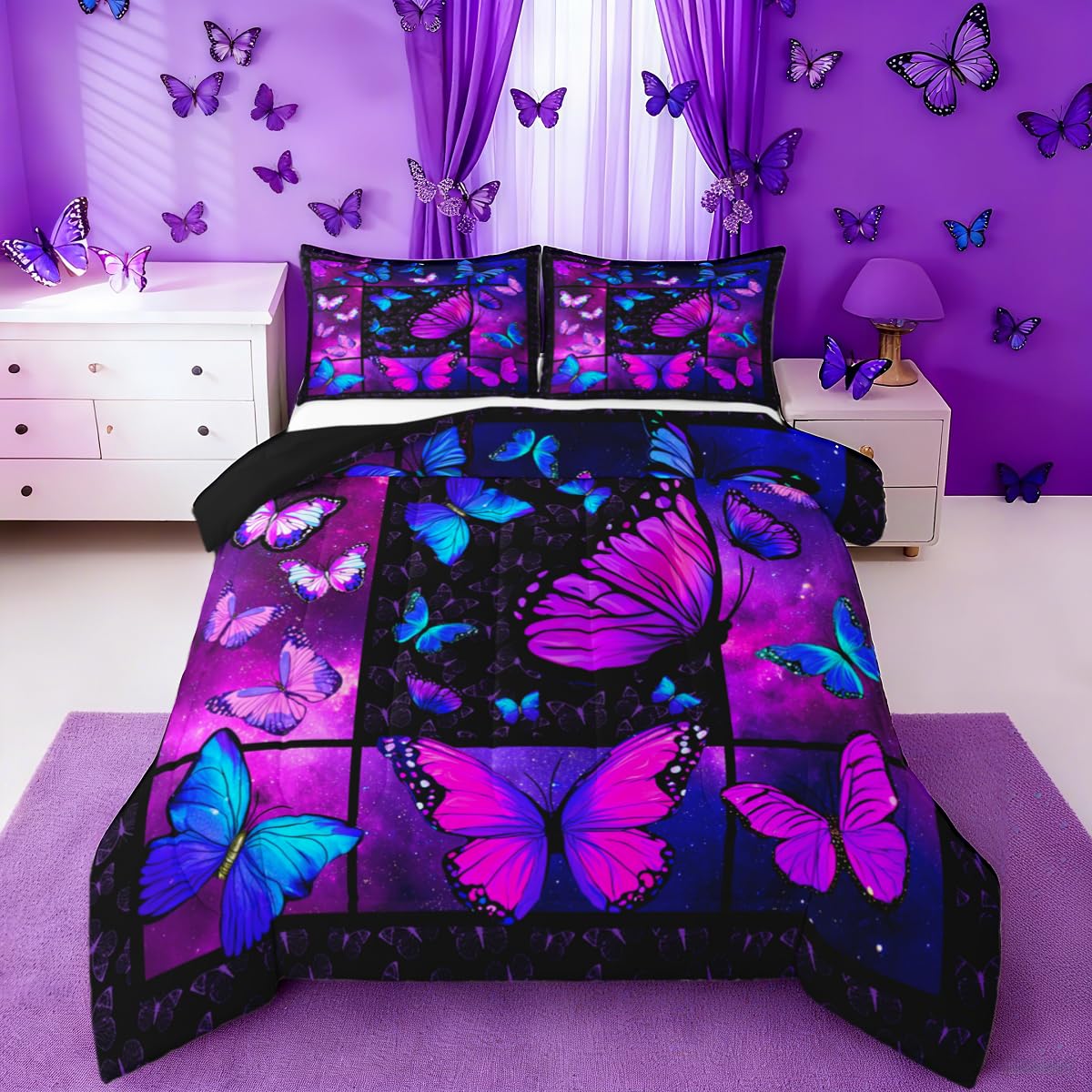 Erosebridal Butterfly Comforter Set Starry Sky Galaxy Comforter Blue Purple Butterfly Bedding Queen for Women Teen Girls, Aesthetic Quilt Duvet Set 2