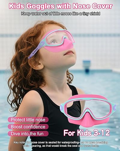 Miniatura 7 de Keary Paquete de 2 gafas de natación para niños con cubierta de nariz para 3-12, anti-UV, antivaho, para piscina, agua, para niños, niñas, jóvenes y
