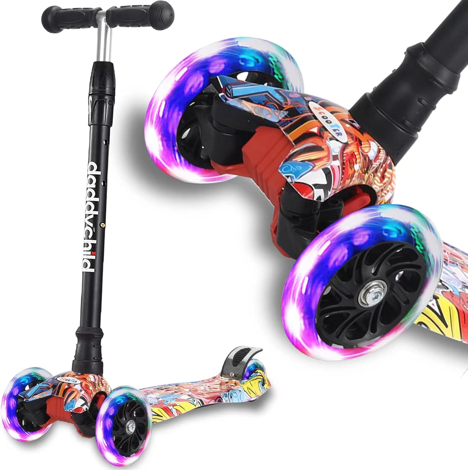 Scooters for Kids 3 Wheel Kick Scooter for Toddlers Girls & Boys, 4 Adjustable Height, Lean to Steer, Extra-Wide Deck, Light Up Wheels for Children from 3 to 14 Years Old