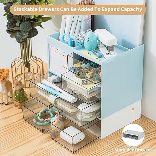 Miniatura 18 de Organizador de escritorio con 3 cajones, soporte multifuncional para lápices, organizador de escritorio y almacenamiento con 8 compartimentos, Blanco