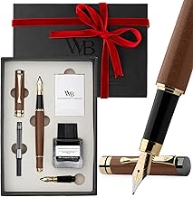 Wordsworth & Black Ensemble de stylos, luxe en bois de bambou - moyenne, extra fine, boîte cadeau ; bouteille d'encre noire de 25 ml, 6 cartouches d'encre [bois brun]