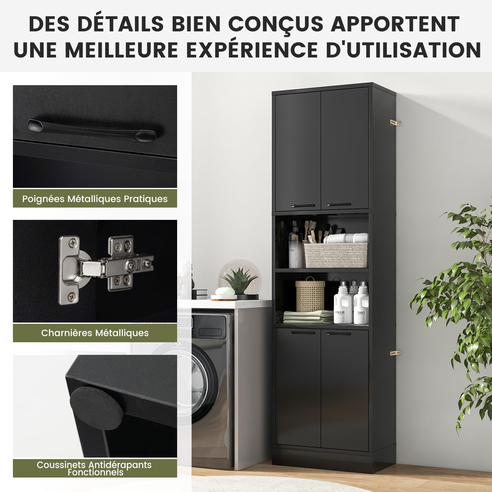 GIANTEX Buffet Cuisine Haut 190 cm, Meuble Cuisine Rangement avec 4 Portes, 2 Compartiments Ouverts, 4 Kits Anti-basculement, Armoire de Rangement 6 Etagères pour Salle de Bain (Noir)