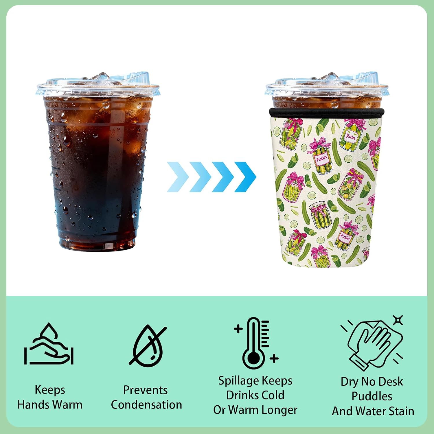 3 Pack Reusable Iced Coffee Insulator Sleeve - Pickle Reusable Neoprene Insulated Sleeve for Cold/Hot Beverages, Cold Drink Sleeves for 16-32oz Coffee Cup, Funny Pickle Cup Sleeves Gifts image 4