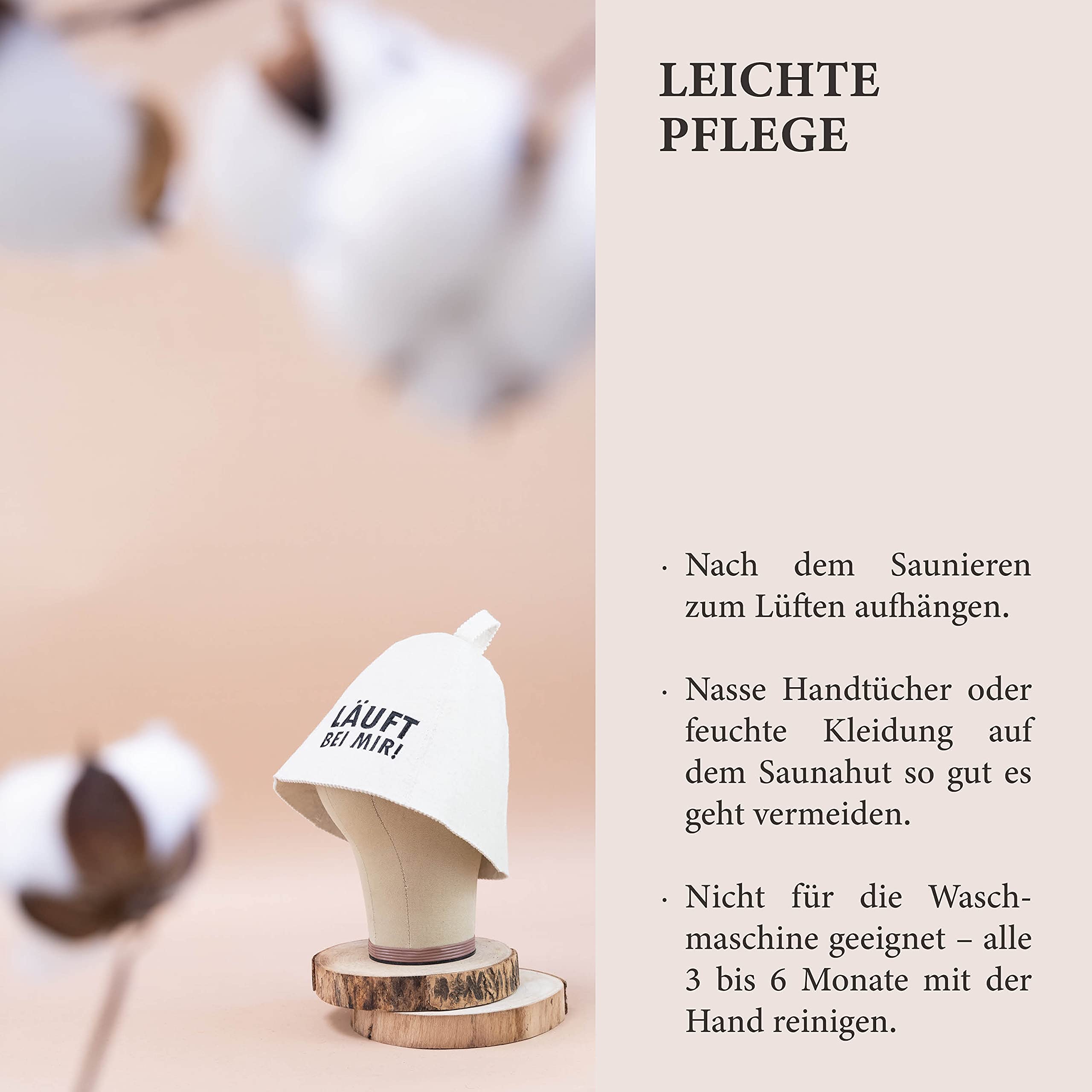 LoWell® czapka do sauny – filcowa czapka dla kobiet i mężczyzn, w zestawie poradnik użytkownika sauny – idealny dodatek do sauny dla wyjątkowego doświadczenia spa – czapka do sauny z napisem „Läuft bei mir!”