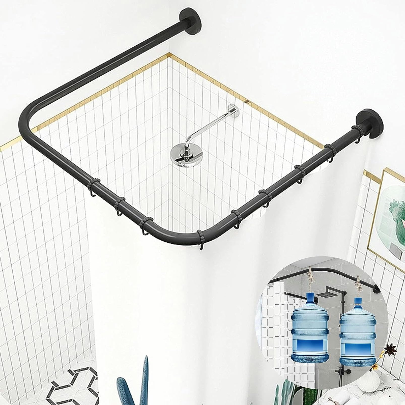 WQPMNYG Extendable Curved Shower Curtain Rod - No Drill U-Shaped Black Corner Rod 304 Stainless Steel Telescoping Rail for Easy Installation & Space-Saving Bathroom Solution