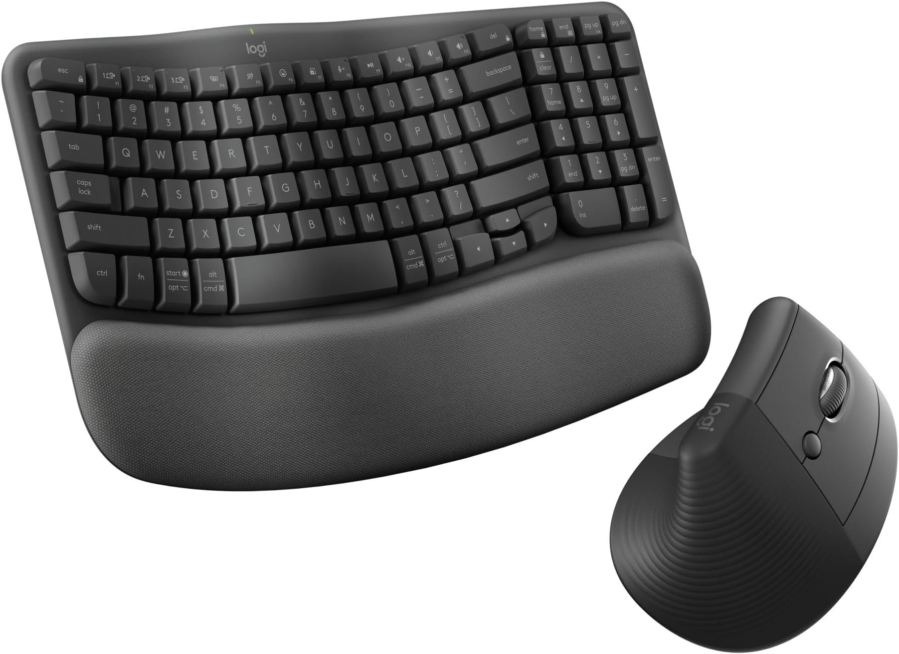 Wave Keys & Lift Vertical Mouse - Ergonomic Bundle — Wireless Keyboard with Cushioned Palm Rest & Vertical Wireless Mouse - Easy-Switch, Bluetooth, for Multi-OS, Windows/Mac - Graphite