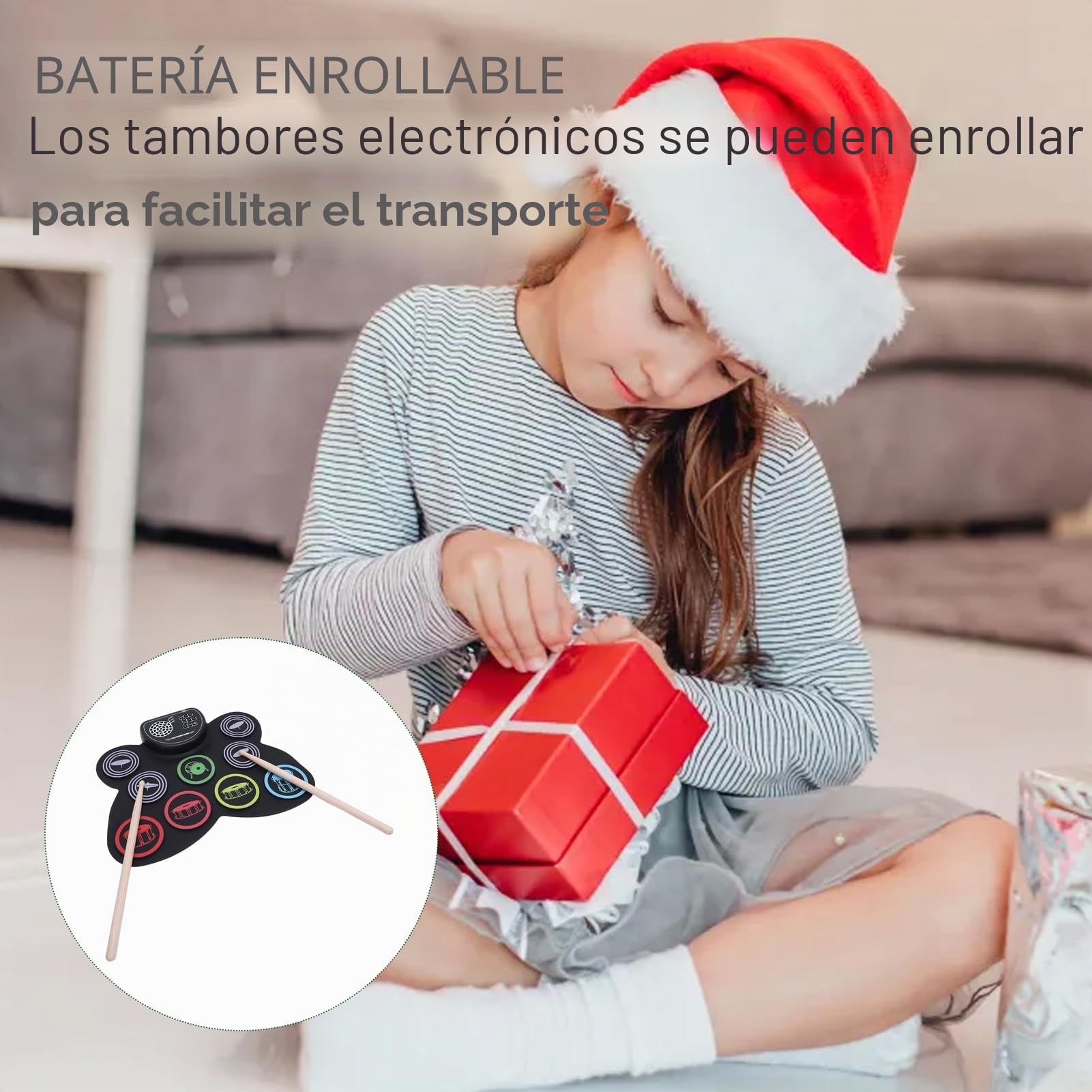 Batería Electrónica, Portátil Multifuncional 9 Pads Roll Up Drum Pad, Batería Eléctrica Portátil con Pedales Baquetas, Conector para Auriculares, Altavoz Doble Incorporado
