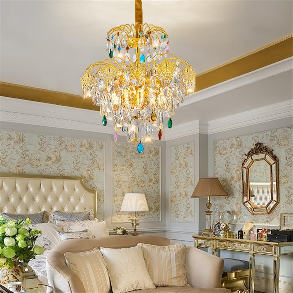 KXEcoLife Contemporary Crystal Pendent Lamp LED Fashion Luxury Golden Living Room Restaurant Bedroom Villa Hotel Duplex Building Staircase Chandelier (A D40CM)