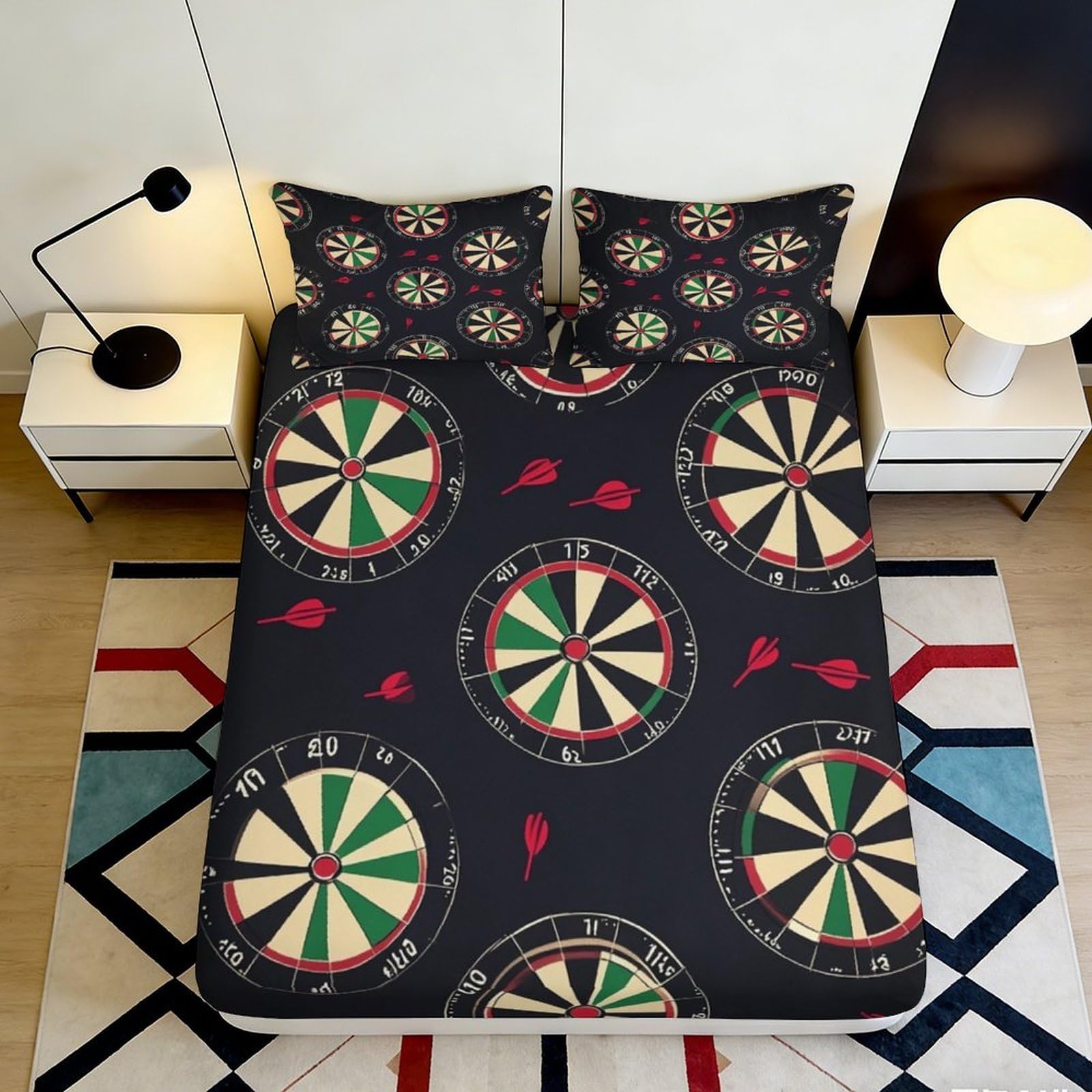 3D Printed Dartboard Pattern Fitted Sheet Microfiber Soft Black Red Bed Cover for Bedroom Guest Room Decor 90x200x25cm