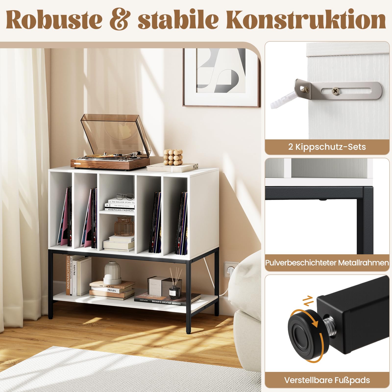 COSTWAY podstawka pod gramofon z ładowarką, szafka pomocnicza z przechowywaniem winyli, nowoczesna szafka do przechowywania, regał ekspozycyjny na winyle na do 150+ albumów 80 x 45 x 79,5 cm (Biały)