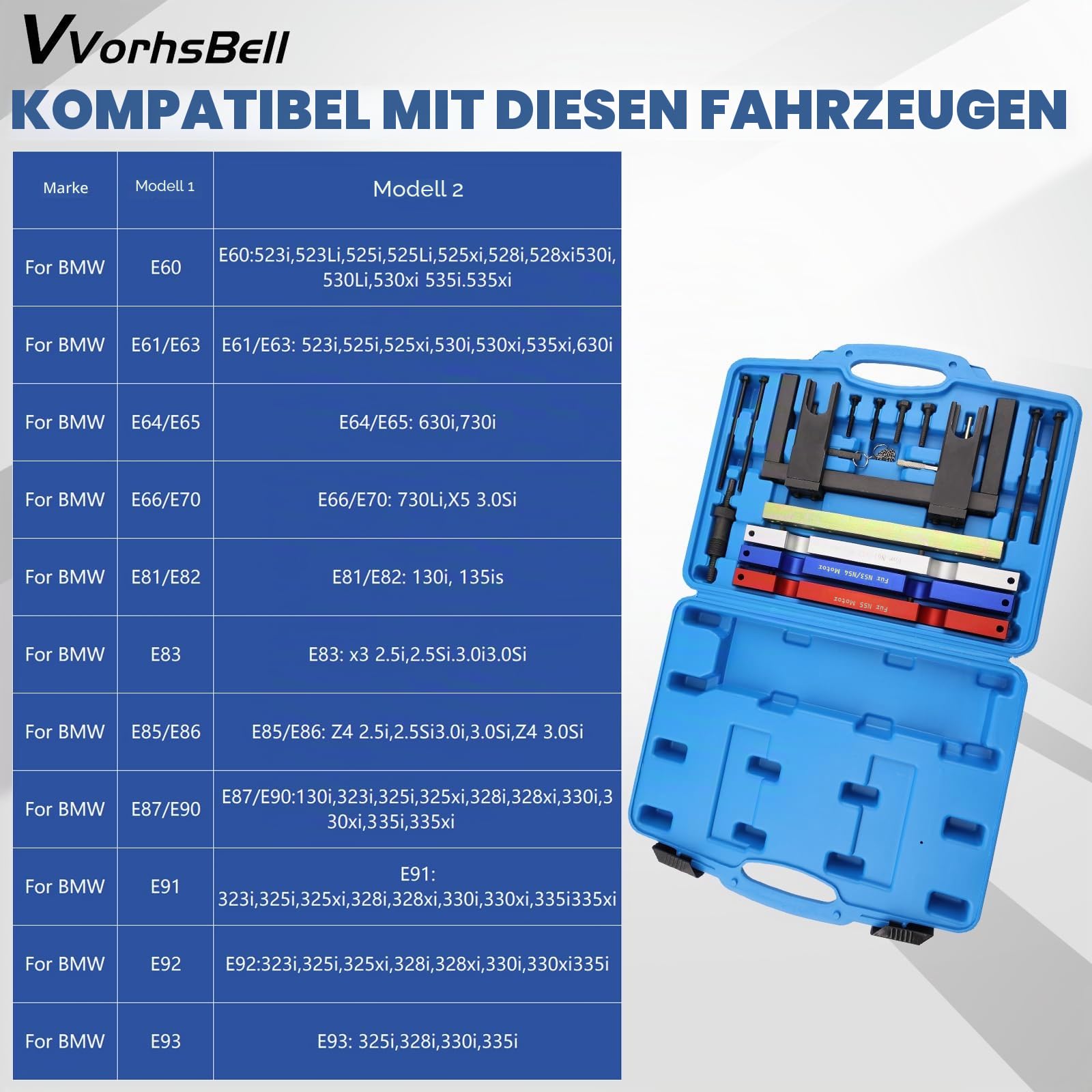 Timing Vanos Nockenwellen-Arretierwerkzeug kompatibel mit BMW N51 N52 N53 N54 N55 Timing Tool Kit Kompatibel mit E60 E90 E93 325i 330i 335i X5 Heavy Duty geschmiedet mit Koffer