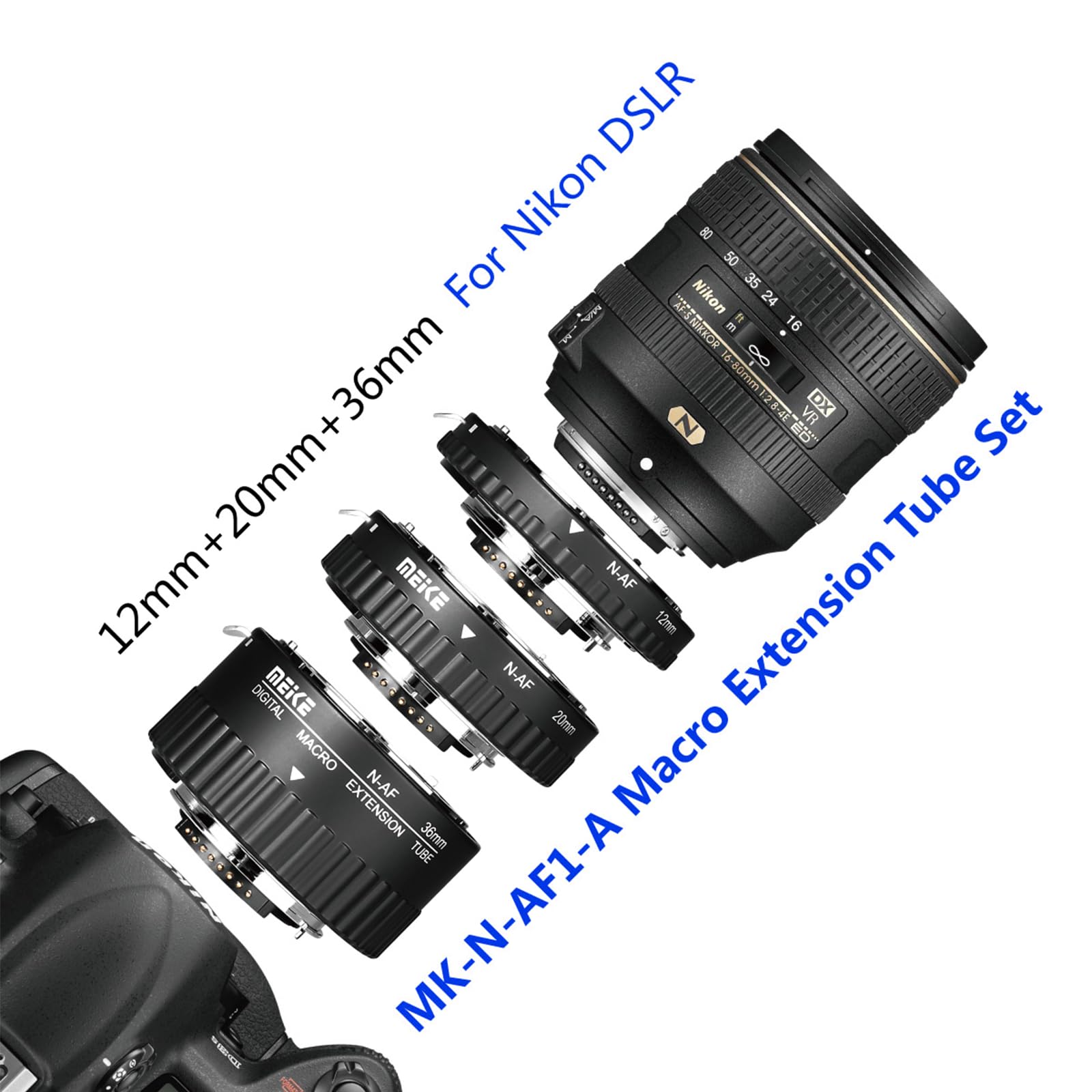 Meike MK-N-AF1-A Kit adaptateur de bague d'espacement macro en métal pour appareils photo reflex numériques Nikon (12 mm + 20 mm + 36 mm)