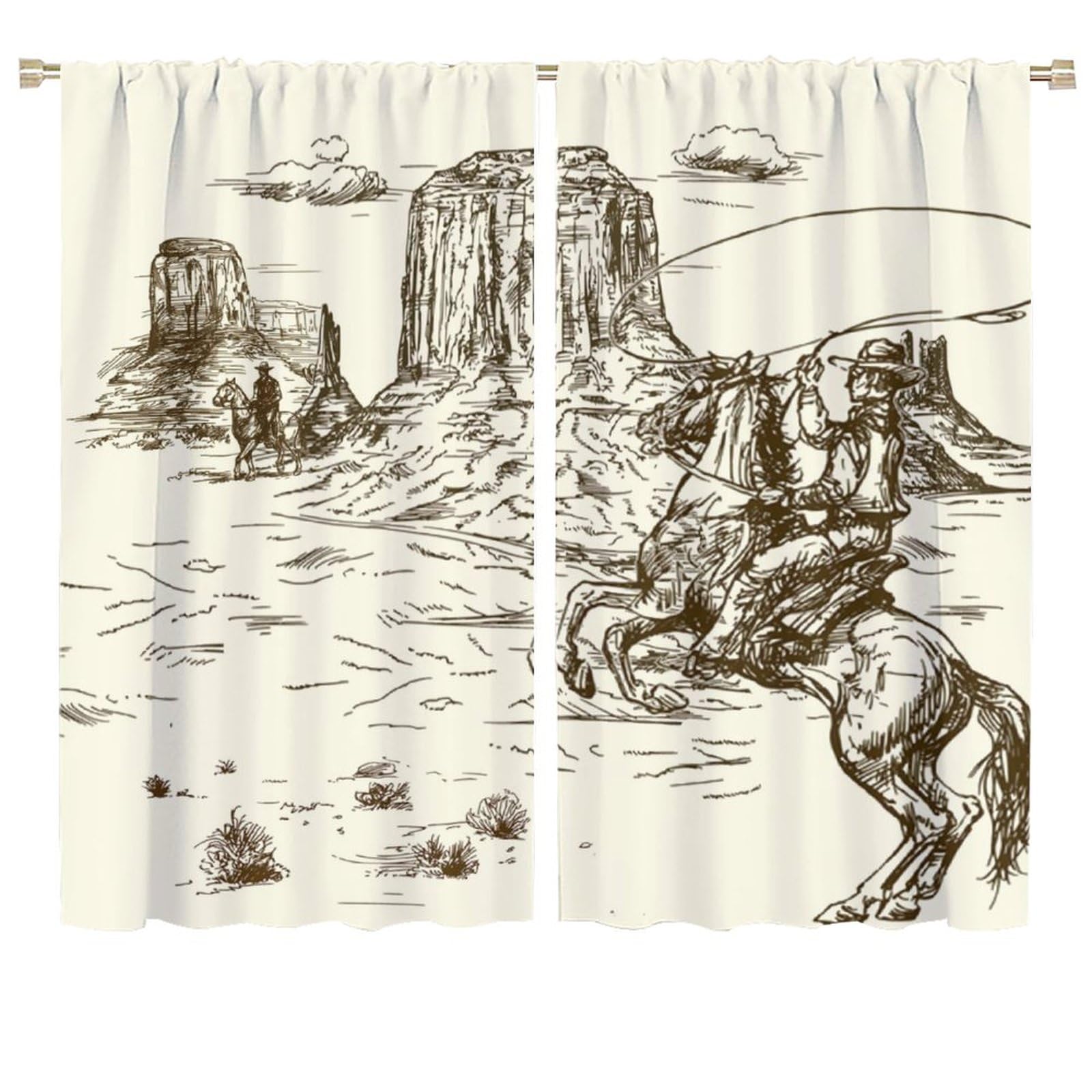 Rustic Country Western Cowboy Curtains - Vintage Hand-Painted Wild West Cowboy Window Drapes Room Darkening Blackout Curtains Thermal Insulated Rod