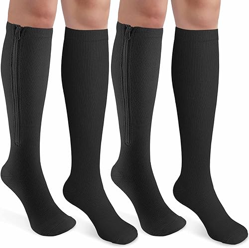 CASMON 2 pares de calcetines de compresión con cremallera para mujeres y hombres, 15-20 mmHg, calcetines de apoyo alto hasta la rodilla para edema