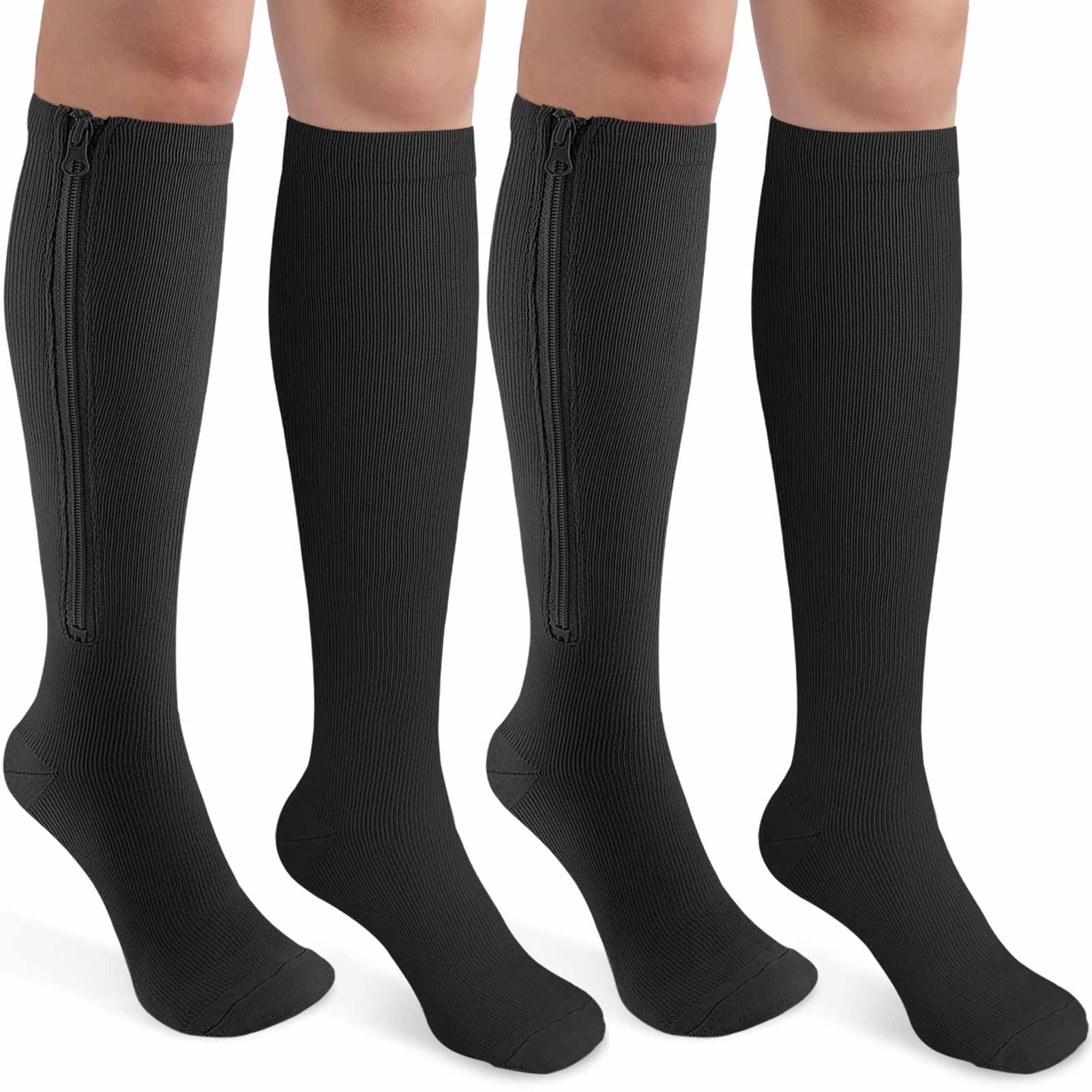 CASMON 2 Pairs Zipper Compression Socks for Women & Men,15-20 mmHg Closed Toe Knee High Support Sock for Varicose Vein Edema