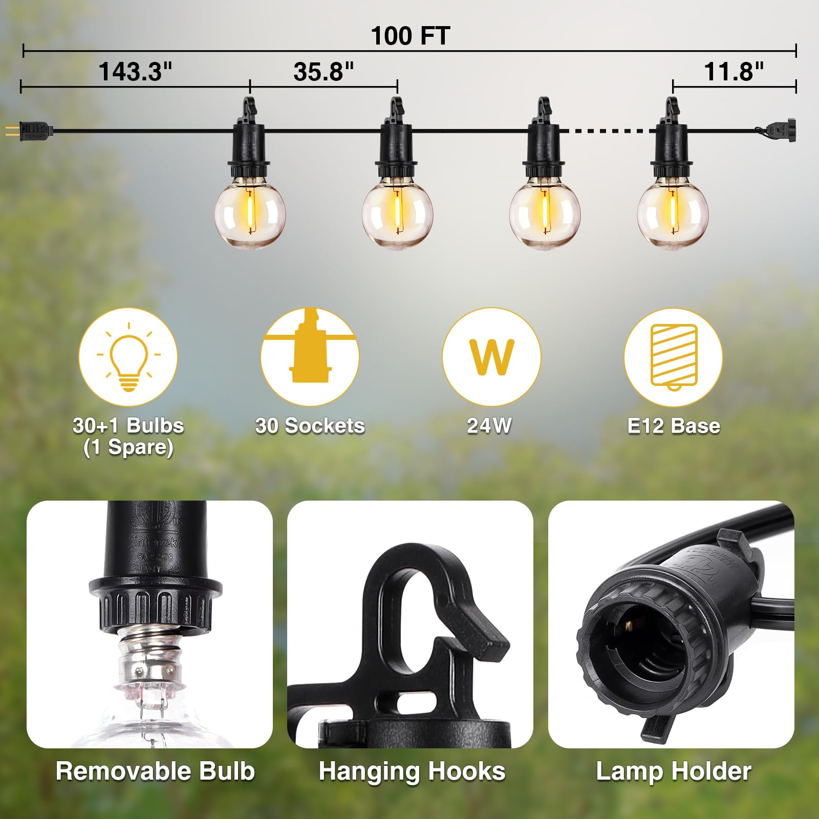 ZJOJO Guirlande lumineuse d'extérieur de 30 m, globe G40 avec 30 ampoules LED incassables (3 de rechange), lampe de terrasse à suspendre, étanche 2700 K, IP65, fêtes sur porche