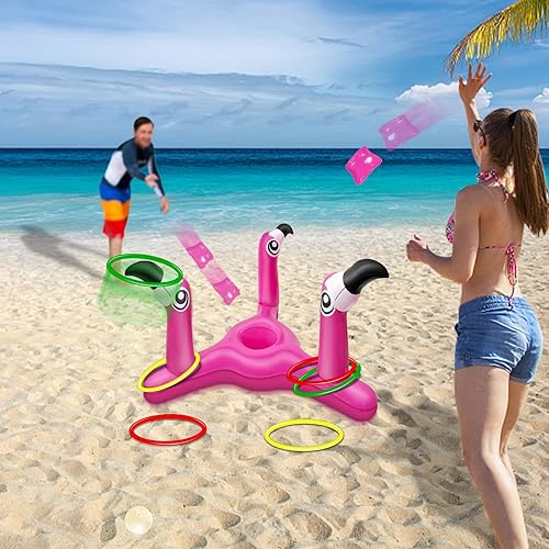 Miniatura 7 de Juego de juguetes inflables de flamenco 2 en 1 para lanzar y lanzar anillos. Juego de juguetes inflables de flamenco para piscina y cornhole, para