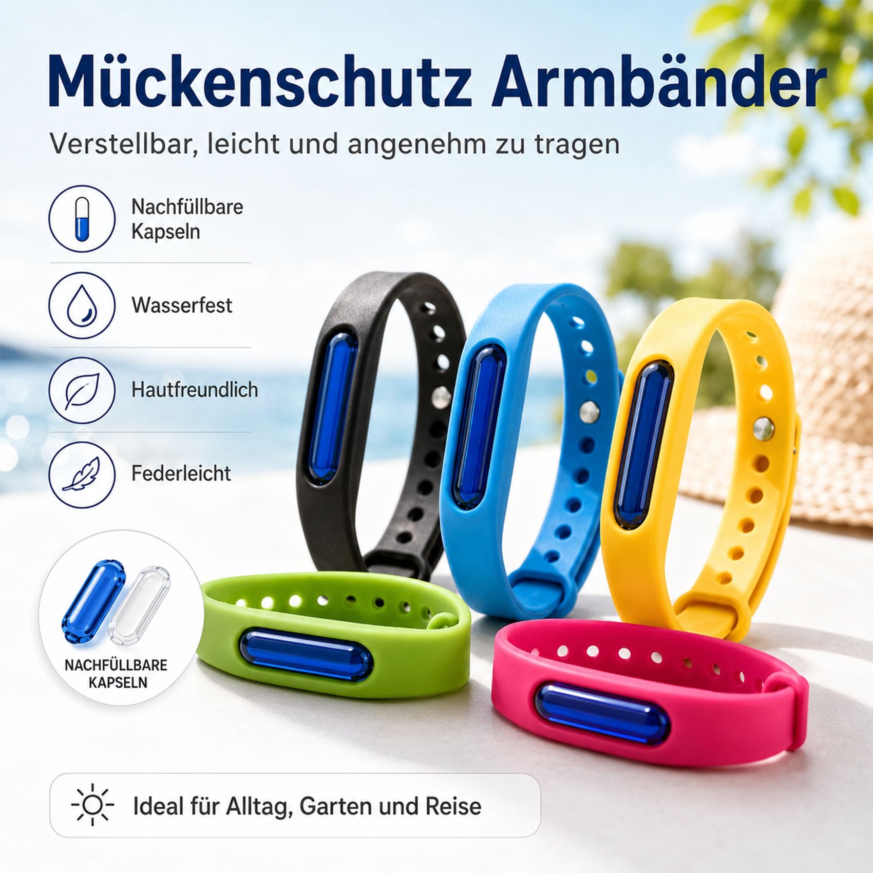 Bronoir Kinder & Erwachsene Verstellbares Silikon Abwehrband Wasserdicht, für Camping Outdoor (5 Stück)