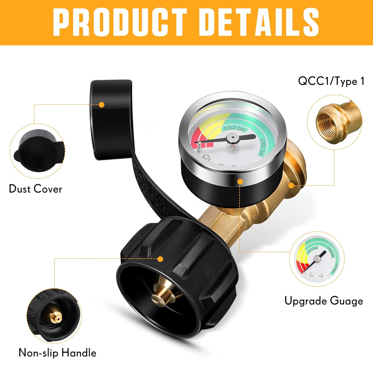 4 Pack Upgraded Propane Tank Gauge Propane Level Indicator with Color Coded Dial for 5lb-40lb Tank Gas Pressure Meter with QCC1/ Type1 Connection for BBQ Gas Grill Cylinder RV