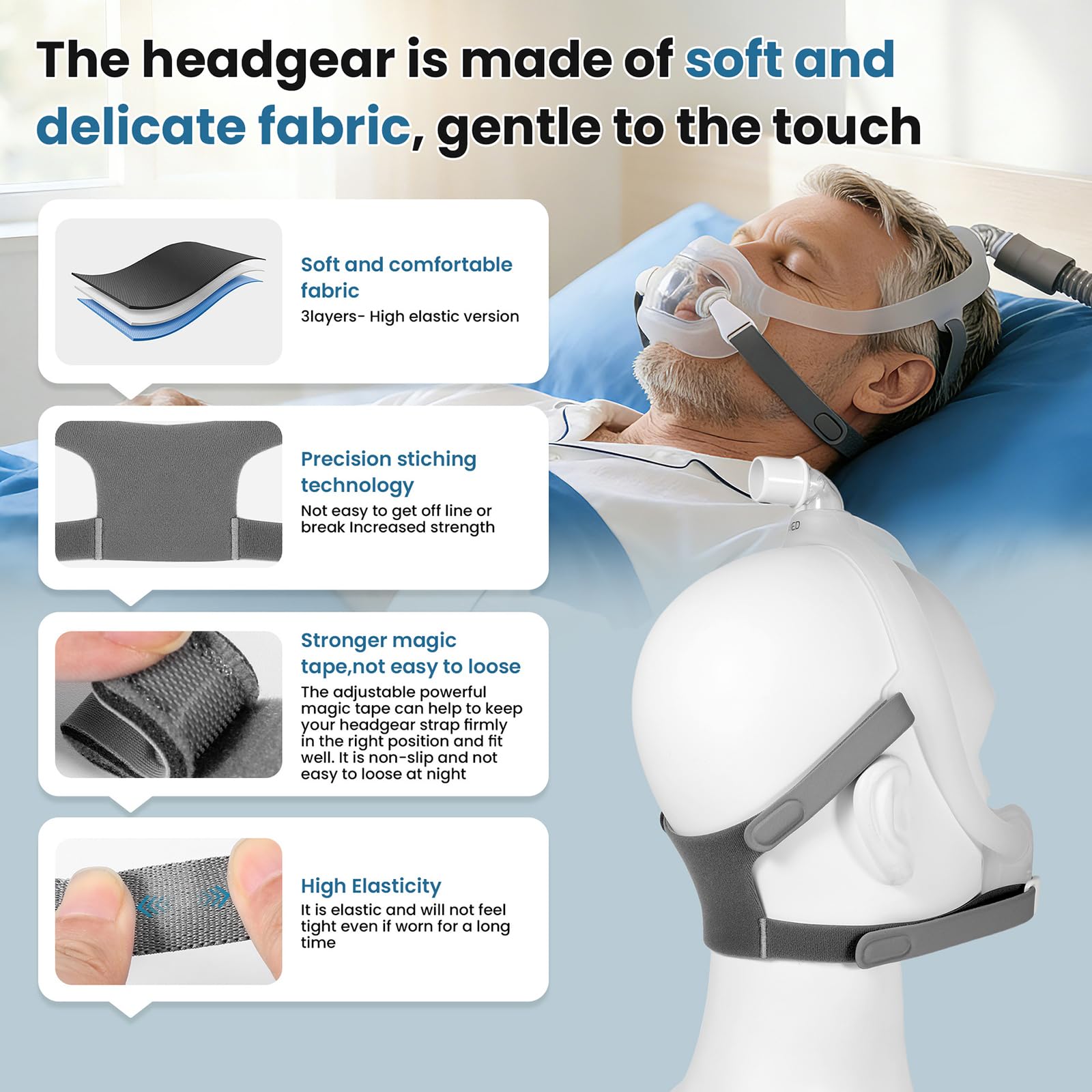 Maschera a pieno facciale ricambio Copricapo per maschera nasale con cuscino adatto per ventilatore, cinghia regolabile, design a clip per la manutenzione quotidiana, assistenza domiciliare con