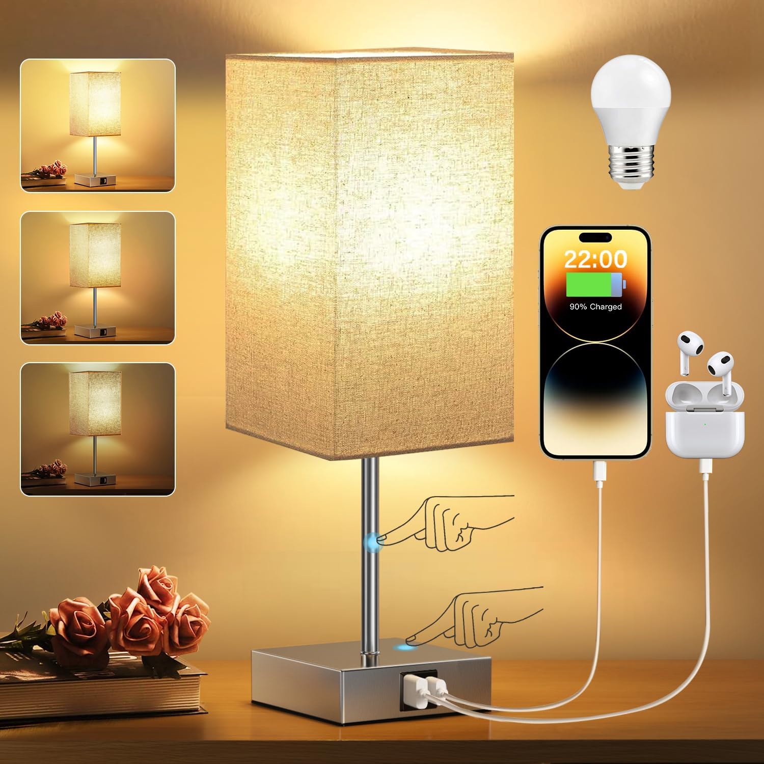 STANBOW Bedside Lamps for Bedroom, Touch Table Lamp with USB A+C Charging Ports, 3Way Dimmable