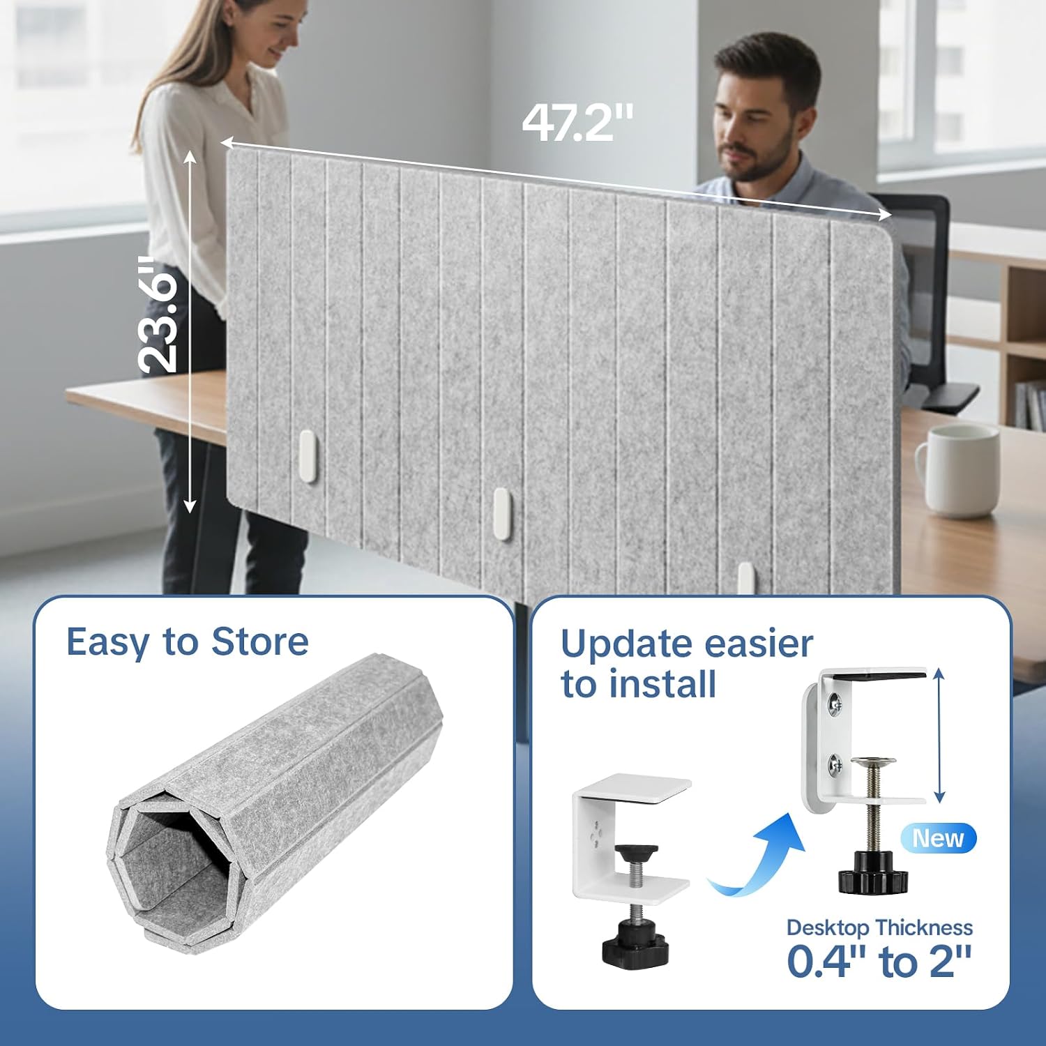 48" Desktop Privacy Screen - Sound Absorbing Felt Panel, Clamp-On Foldable Office Divider for Desk, Silver Gray