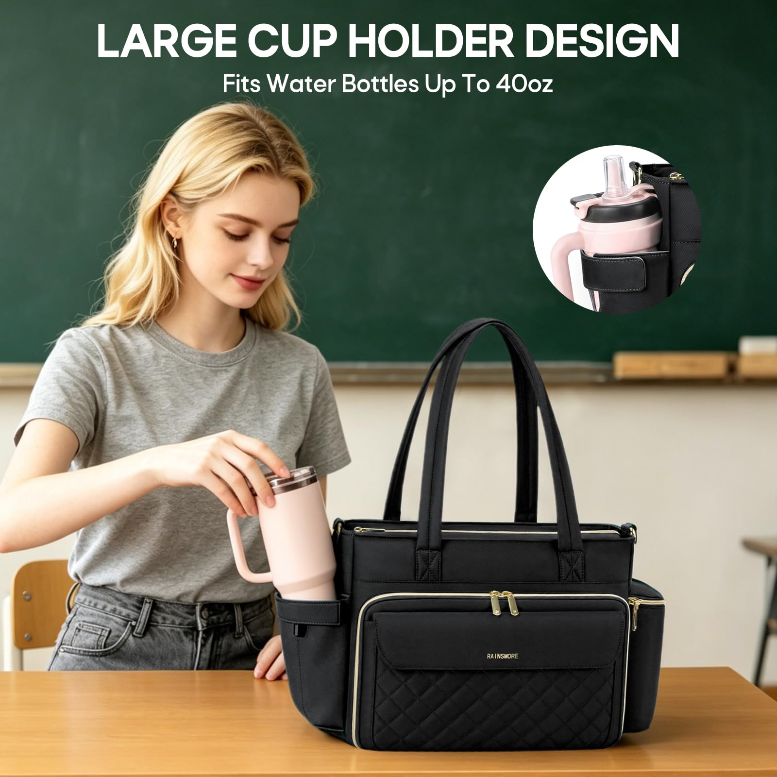 RAINSMORE Lehrertasche Damen Groß Laptoptasche, 15,6 Zoll, Schwarz | Arbeitstasche Isolierfach und Groß Getränkehalter, 3 Fächer, Abnehmbarer Schultergurt, Für Büro Uni Reisen