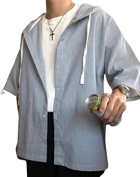 Amazon Baluote メンズ シャツ 夏 ストライプ 半袖 シャツ フード付き カジュアル Uvカット カーディガン 羽織 薄手 通気 柔らかい トップス 都市 おしゃれ 男女兼用 シャツ 通販