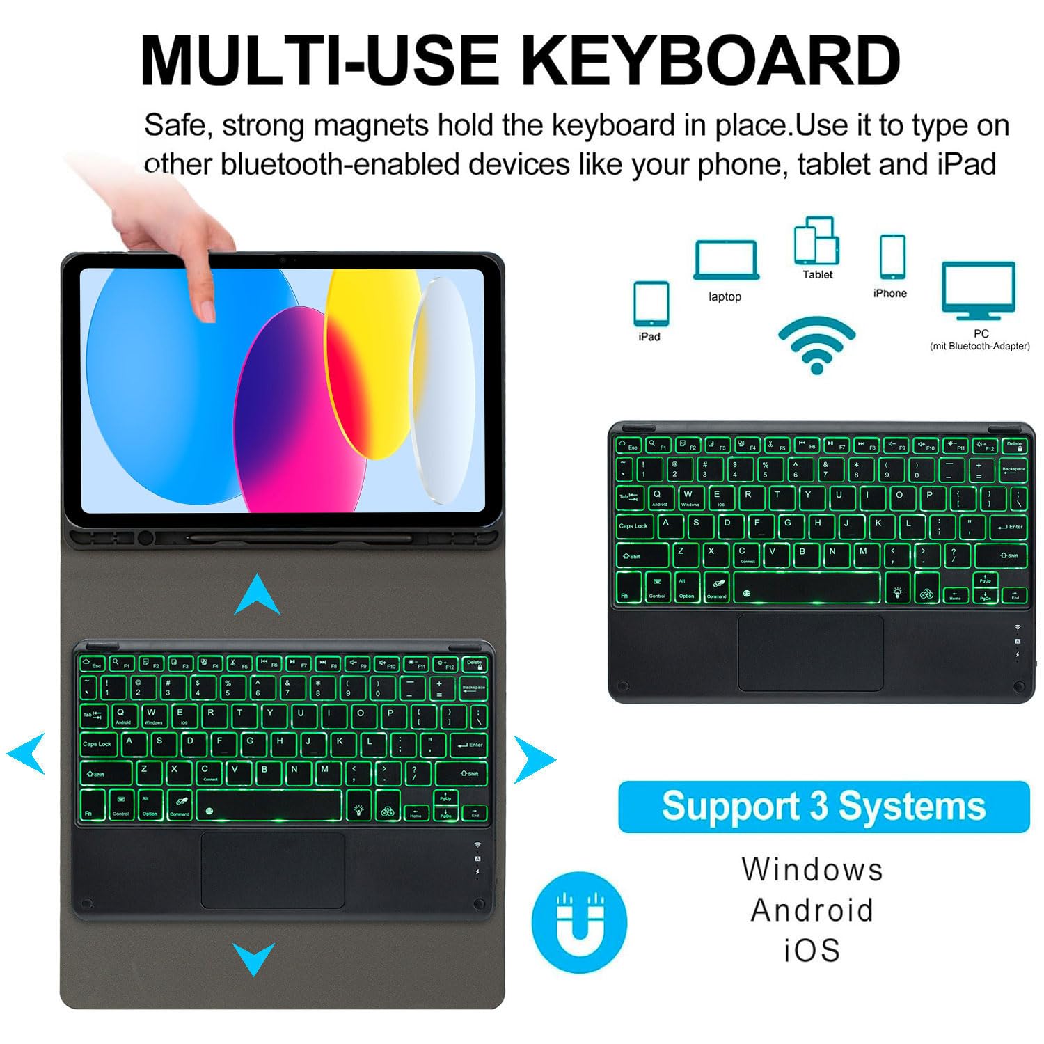 Keyboard Case for iPad (A16) 11 generacji 11 cali 2025/iPad 10 generacji 10,9 cala, Odłączana Klawiatura Smart Touchpad Z Podświetleniem W 7 Kolorach, Uchwytem Na Pióro I Myszką,Blue