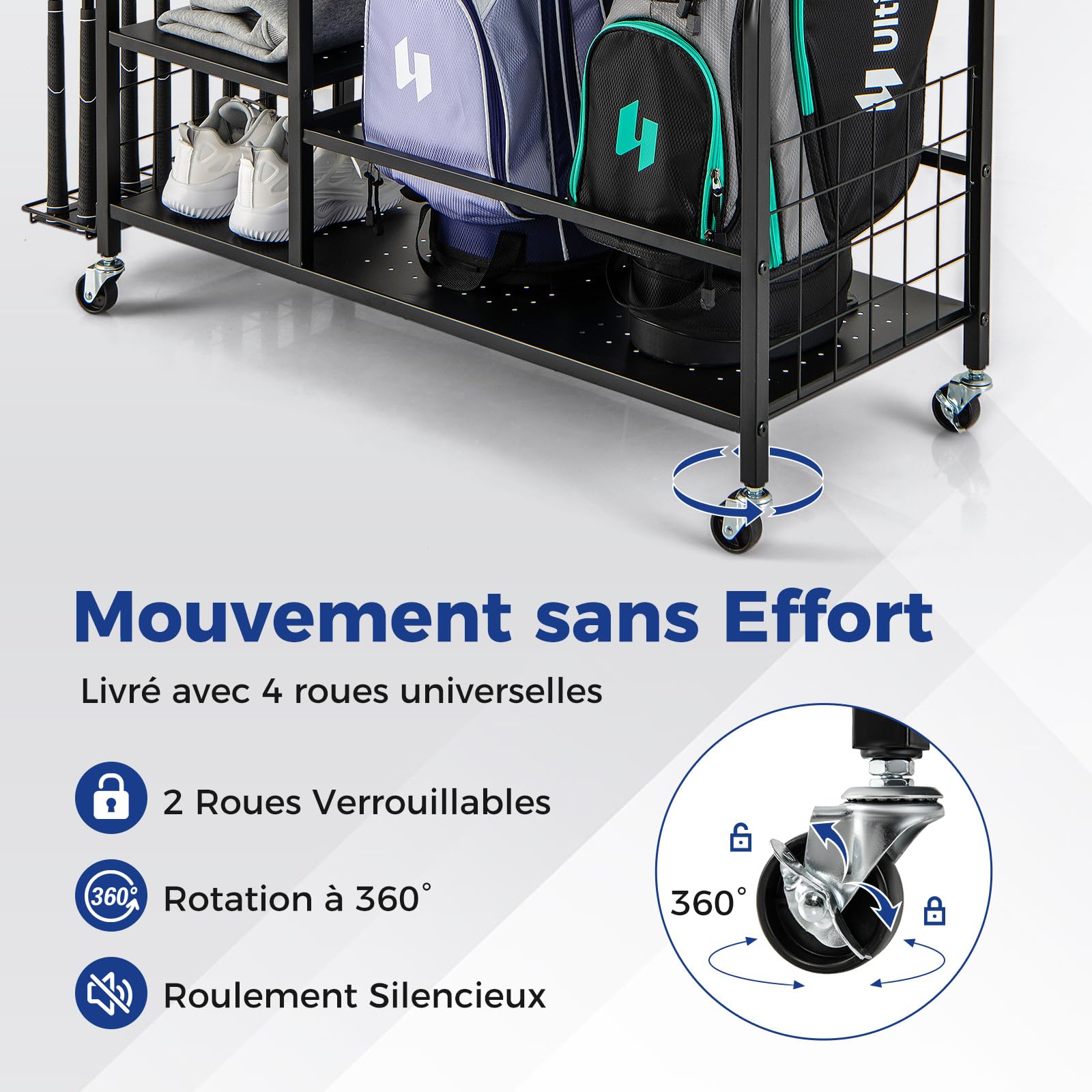 COSTWAY Organisateur d'Équipement Sportif avec Roues Amovibles, Support de Rangement pour 2 Sacs de Golf avec Support pour Clubs de Golf 6 Crochets, pour Garage Club sous-Sol