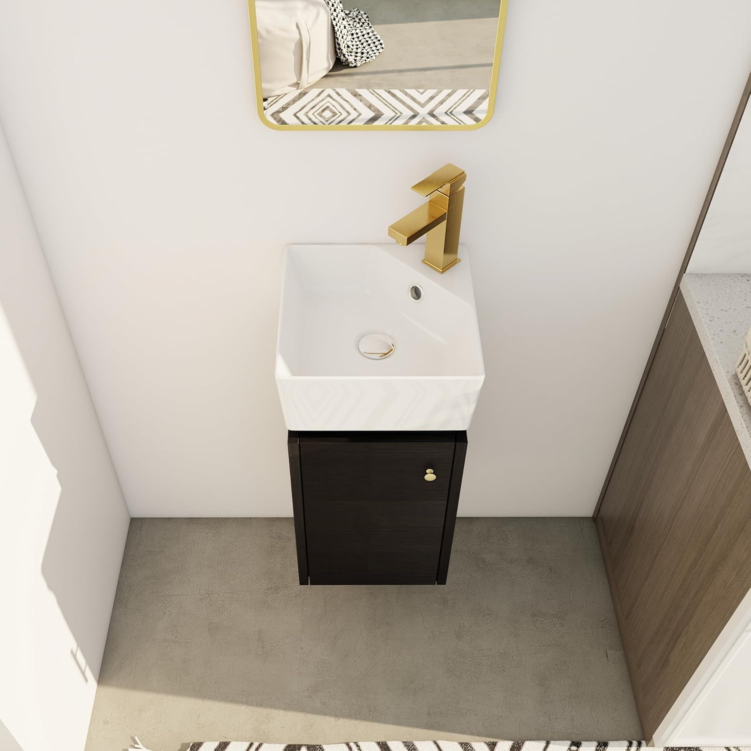 SSLine Modern 12" Floating Bathroom Vanity with Sink Wall Mounted Small Bathroom Vanity Cabinet with Top Basin Square Wood Bath Vanities w/Ceramic Sink for Small Space(Black Chestnut&Gold)