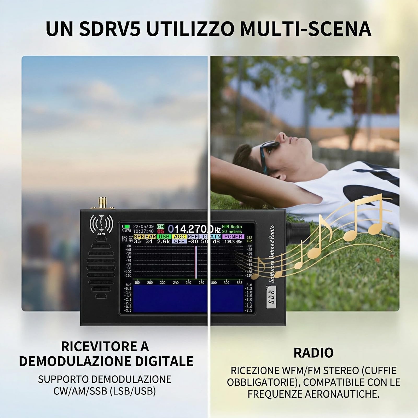 Ricevitore Radio SDR DSP a Onda Corta,Display LCD 4.3" AM/FM/CW/SSB,Spettro 100KHz-149MHz Carcassa in Alluminio Batteria 3000mAh