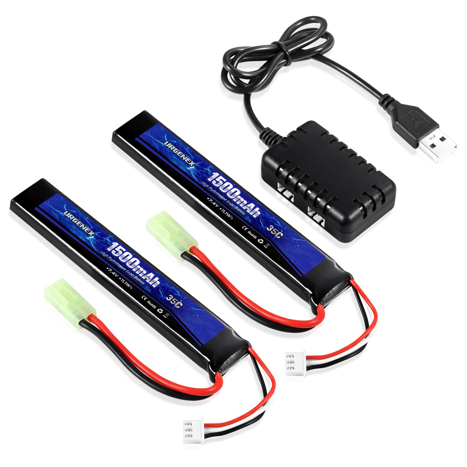 Pack de batterie Lipo Airsoft 7,4 V 1500 mAh 35 C à taux de décharge élevé avec mini prise rechargeable 2S pour pistolets modèles Airsoft