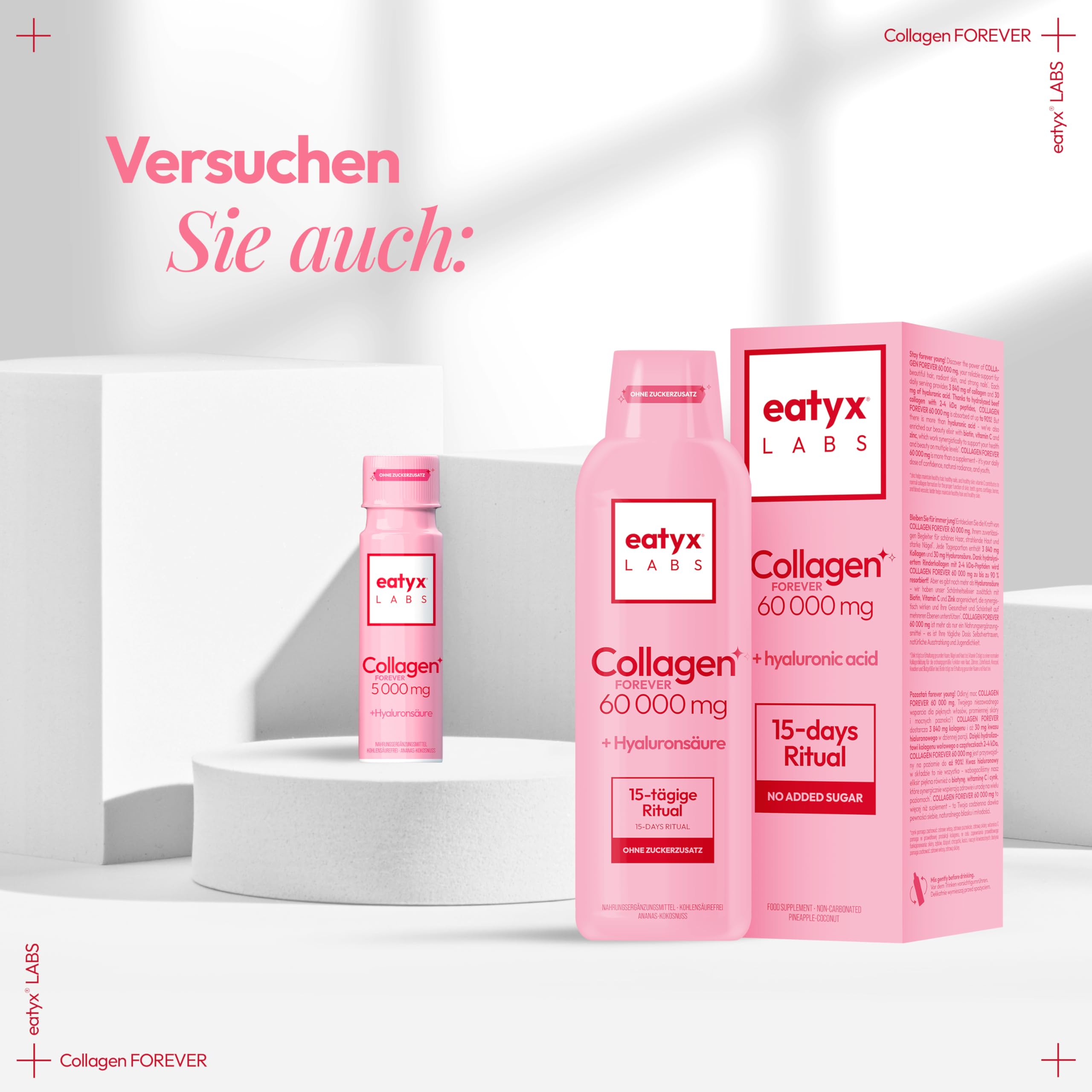 EATYX Labs Collagen Forever 30×80 ml – 30-dniowa kuracja kolagenowa 5000 mg, suplement diety na skórę, włosy i paznokcie, witaminy i kwas hialuronowy
