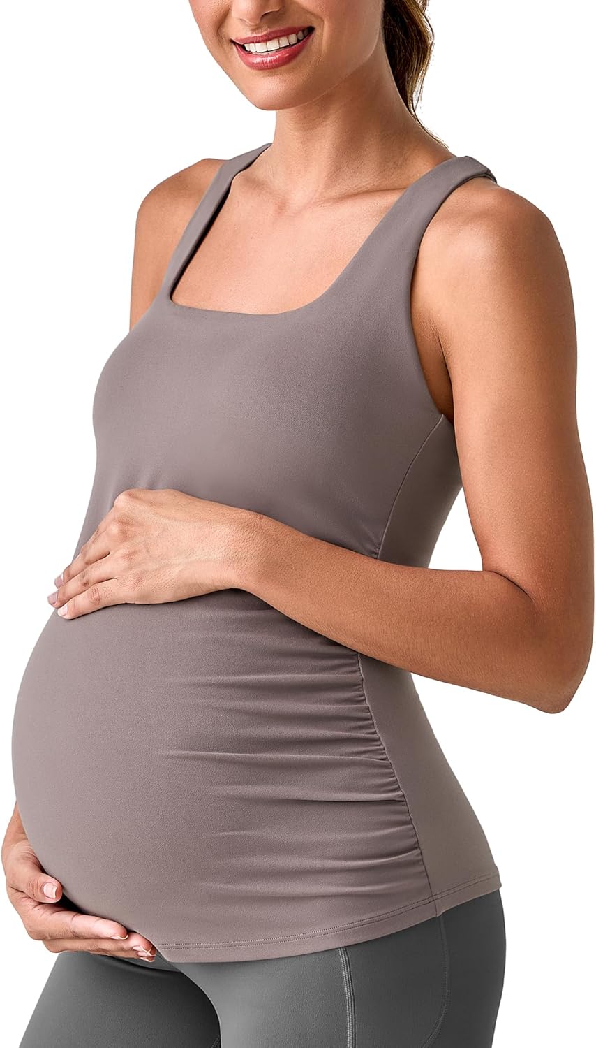 G4Free BareFeel Maternity Racerback Tank Tops with Built in Bra Ruched Sleeveless Square Neck Pregnancy Yoga Workout Shirts